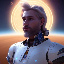 Beautiful cosmic man, blue eyes, long blond hair, smiling, cosmic suit, full body, galactic backdrop, soft lighting, hyper realistic, unreal engine 5, 16k