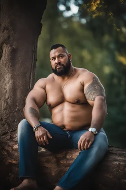 close up photography of a marocan 40 years old seated on a tree trunk in the wood, burly chubby muscular overweight, with opened shirt on manly chest, white bulging boxer, shirtless, hairy , golden hour, tatoo, Cinematic, 35mm lens, f/1.8, accent lighting, global illumination, frontal view from the ground