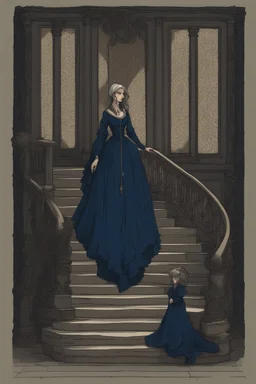 The Countess is a ghost, she has a long, flowing dark blue dress. she goes down the stairs. Hanging in the castle room, there is a tapestry composed of the preserved faces of the Countess' ancient victims.