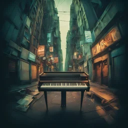 Fender Rhodes Electric Piano placed in the middle of the ghetto taken from bird perspective, late at night