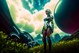 Wide-angle photo of a slim sci-fi woman with blond hair, wearing a silver and black futuristic android-like spacesuit, standing on an alien cloud tree jungle planet