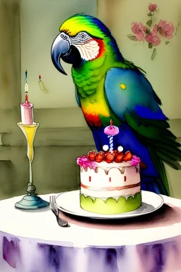 Parrot is sitting at a table with a birthday cake. Watercolour