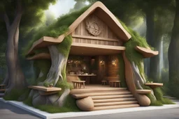 Фасад: Используйте натуральные материалы, такие как дерево и камень. На входе можно разместить резные деревянные элементы, например, сказочные персонажи, такие как Баба Яга или Леший. Зеленые насаждения: Украсьте территорию вокруг кафе деревьями и кустами, создавая ощущение леса. Можно добавить элементы, такие как скамейки из бревен, чтобы подчеркнуть природную атмосферу.