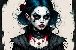 create a highly ethereal, darkly magical full body portrait illustration of a malevolent goth vampire girl , with highly detailed and deeply cut facial features, in the the style of JEAN-BAPTISTE MONGE and BILL SIENKIEWICZ, searing lines and forceful strokes, precisely drawn, boldly inked, with vibrant colors