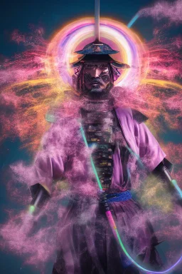 Mystical samurai emitting an aura with a long, neon sword emitting an aura