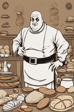 Uncle Fester Addams in front of Some Breads and Other Things Arranged on a Brown Background