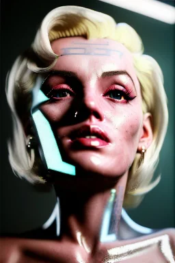 Ultra Realistic image, portrait, blonde woman, sweet Marylin Monroe face, perfect iris, glow eyes, makeup. Cyberpunk style, oversized transparent latex coat, yakuza tattoos.fog, rain, soft color, highly detailed, unreal engine 5, ray tracing, RTX, lumen lighting, ultra detail, volumetric lighting, 3d, finely drawn, high definition, high resolution.