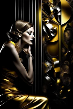 Create a conceptual photograph of a female figure, SALVADOR DALI STYLE MIXED WITH GUSTAV KLIMT STYLE AND TAMARA DE LEMPICKA STYLE, 3/4 SIDE VIEW, SILVER, GOLD, BLACK COLORS in a contemporary setting, incorporating provocative, thought-provoking elements. The image should demonstrate the confidence, strength and vulnerability of the subject. Consider using symbolic objects, abstract shapes, or artistic expressions that convey a strong message. The style and lighting should be modern, avant-garde