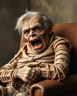 a chubby really old decrepit realistic male mummy, looks similar to donald trump, leaned over in a brown chair, mouth open