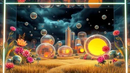 Dynamic cifi country side ,hypnotic of 3D structures Symmetry twisting and morphing between cifi plants , cifi flowers and metal geometric 3d structures buildings ,cifi cars, and an open cifi stage smooth translucent iridescent glass with inner glow and bubbles, varied transparent materials, stormy skies, intense dramatic