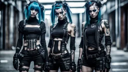 strong Cyber goth fashion, women and men in cyber goth clothes perfect realistic faces, full body, High detailed, sharp focus, looking at the camera, cinematic, masterpiece, high realistic, fashion photo