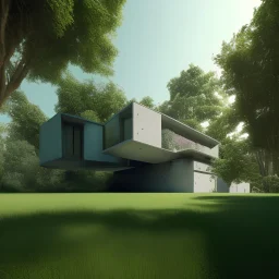 Unifamiliar house. Ricardo Bofil. Brutalism architecture interacting with nature. Geometric balance. Cement with glass. Pastel colores palette. ray tracing, RTX, lumen lighting, ultra detail, volumetric lighting, high definition, high resolution. Uncanney valley.