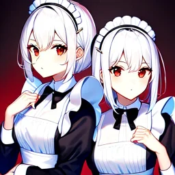 8k, Girl, high quality, detailed, white hair, red eyes, beautiful lighting, maid, twins