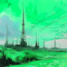 A mint colored city with electrical towers in the sky painted by Claude Monet