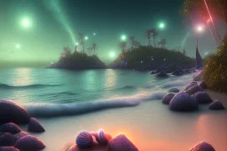 stars, beach, shore ,shoreline, beautiful, path, night time ,trail, lights glowing ,colorful ,nightsky, water, peace, magical, sanddollar, ocean, hyperrealistic, cinematic lighting, particles, unreal engine, full of details,smooth, bright sunshine，soft neon light atmosphere,crystal irridescent light effect，light blue colour, vaporwave colorful, concept art, smooth, extremely sharp detail, finely tuned detail, ultra high definition, 8 k, unreal engine 5, ultra sharp focus