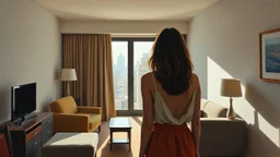 Habitación de hotel con mobiliario simple, una mujer de espaldas contemplando la ciudad desde la ventana, geometrías de luz sobre paredes desnudas, estilo óleo con estética cinematográfica