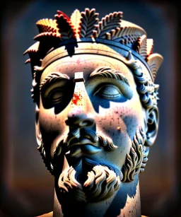 Ultra Realistic image, roman sculpture, marble deluxe material, Lionel Messi, Laurel leaves crown model, miguel angel style, chisel style, emperador, waist up portrait, cinematic lighting, God light, god rays, 4k resolution, smooth details, ornate details, soft lighting, unreal engine 5, sky background.