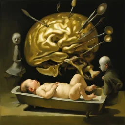 a huge golden brain supported by very small beautiful Asian female human bodies, complex surgical instruments mix a newborn boy between light and shadow, surrealism, symbolism, minimalism, sculpture by Adrian Ghenie, Lucian Freud, Rene Magritte, Salvador Dali