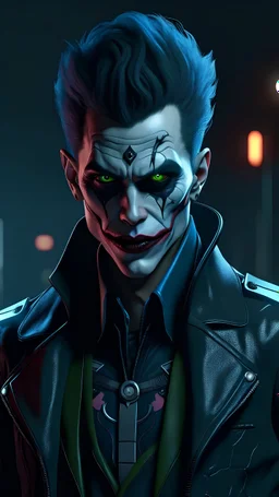 Batman and The Joker combined as one character, (top-quality、8K、32K、​masterpiece、)、(The ultra -The high-definition)、(Photorealsitic:1.4)、Raw photography,Perfect eyes,Charming perfect figure,actionpose:1.2,Detailed cyberpunk fashion、World of Cyberpunk,depth of fields,blurry backround,、