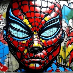 realistic graffiti Spider Man masterpiece painting of a front complex woman colored face (detailed eyes, nose, mouth , neck), background with ink drawings, text, letters, shapes, numbers, all around, street art, pop art, (abstract busy background), UHD, 4k, crisp focus,