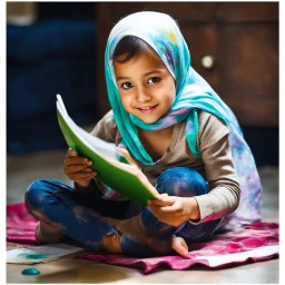 a little girl sitting on the floor holding a tablet, wearing a head scarf, white bangs, document photo, photo still of, paint, wet drapery, unmasked, diary on her hand, 5 years old, focus close on mischievous eyes,