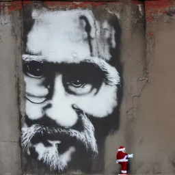 santa detailed face, recording movie, banksy