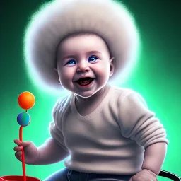 a smiling human clown baby called tobias leander with curly hair, playing with toys, sitting in chair, photo realistic spray painting, book cover