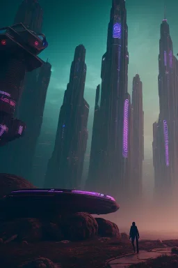 projection of an AI head hovering over an cyberpunk landscape in the distance, a small human walking towards the head, high quality, 4k resolution, high details