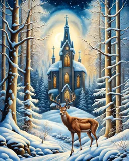 painting of a deer in a snowy forest with a church in the background, winter scene fantasy, cosy enchanted scene, beautiful depiction, inspired by Terry Redlin, magical scene, snowy winter scene, winter scene, winter painting, by Cindy Wright, beautiful detail, in a snowy forest setting, by Doris Blair, wintery scene, amazing detail, warm, stunning artwork, vintage, nostalgic style