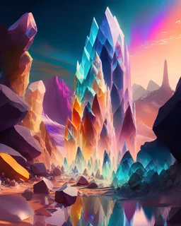 A breathtaking, otherworldly landscape where towering crystal formations catch and refract light, creating a dazzling spectrum of colors that illuminate the surrounding area.