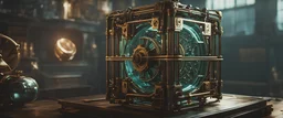 High-end state-of-the-art STEAMPUNK aesthetics tesseract four-dimensional hypercube, supreme cinematic-quality photography, sage green blue metallic fluid, Vintage style with Octane Render 3D technology,hyperrealism photography, (UHD) with high-quality cinematic character render,Insanely detailed close-ups capturing beautiful complexity,Hyperdetailed,Intricate,8K,Hyperrealism craftwork