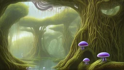 looking out over a lake, in an alien forest, flying mushrooms with jellyfish tenacles formed into gnarled trunks, Roger Dean