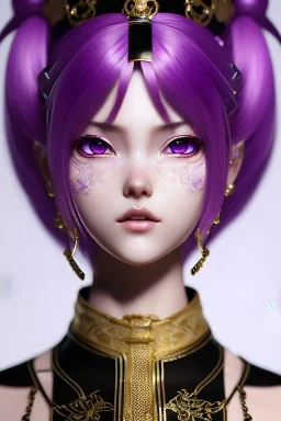 Detailed cute anime Kunoichi girl, purple hair buns, purple bangs, black latex bodysuit, intricate details, full body portrait, keep head in frame, slight smile, black Japanese motif, concept art, highly detailed, digital painting, concept art, sharp focus, illustration, art by Yoji Shinkawa, WLOP and greg rutkowski and alphonse mucha and artgerm and yanjun Chen and Junji ito and Makoto Shinkai, HDR, octane render