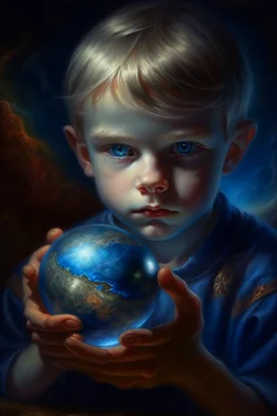 book cover illustration, oil painting portrait of metallic sleeping slightly cute smirking innocent blue eyed vampire holding small earth on a platter, bokeh , high detail, smooth render, prize winning, down light, depth of field, aura