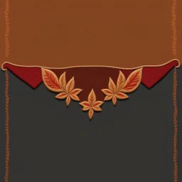 an autumn colored textured cloth embroidered ornamental leaves and cattle, pointed bottom, on dark background, embroidered text across top, Canadian western cowboy style