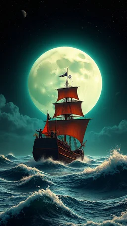 Orange moon landscape on green planet, space meteorites, stars in the night sky, fantasy plants on a pirates sailing ship split toning effect, subsurface gaussian scattering, dark fantasy, photorealistic image, ultra-details, ocean with high waves