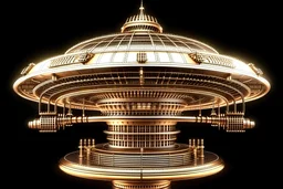 Expressively detailed 3d rendering of a hyperrealistic flying saucer, UFO, renaissance, jules verne, symmetric, front view, realistic stained bronze, detailed with cogs and cables