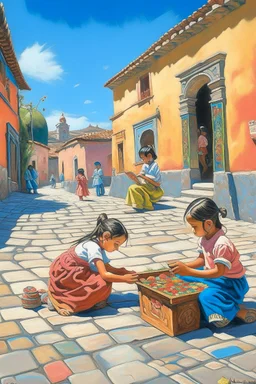 2 maxican childeren playing painting neoclassism in a traditional mexican city