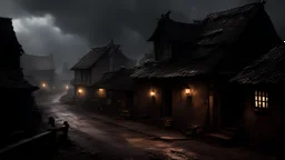 The village under a dark, ominous sky. Shadows stretch unnaturally, and a cold wind sweeps through the streets as villagers panic and run