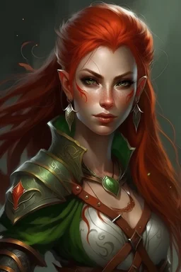 Leonora. Fighter class elf woman with red hair. Beautiful