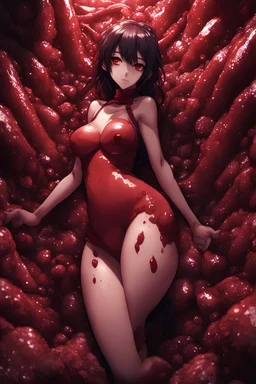 Anime girl crushed inside claustrophobic really red fleshy stomach filled with digestive juices, fullbody, intricate, darkred tones, macro photography,