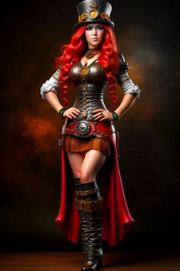 Photorealistic full-height photo of a fantasy skinny pin-up girl in a steampunk outfit with long, red hair