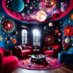 Detailed people, creepy living-room made of felt, naïve, stars and planets, splimapys, sun, splops, volumetric light, giant flowers, naïve, Tim Burton, strong texture, st, orero dream, extreme detail, Max Ernst, decal, rich moody colors, sparkles, Harry Potter, bokeh, odd, sbuc