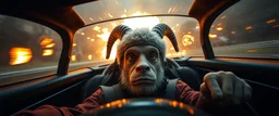 weird perspective worried human race car driver close up portrait of dj sheep skunk troll gnome pilot looking down on cam, with background in the style of escher and giger, a chill contrapunctus fugue in the style of fsol, beethoven, goa trance breaks, dancefloor drum and bass, burning cars, fire and explosions