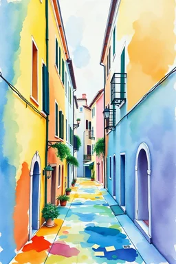 Make a poured watercolor-like painting with cute narrow streets