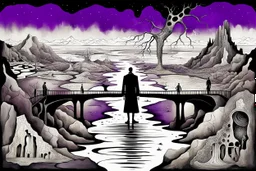 face to the camera in midle one alone human figure with a big map his hands in weird whimsical clothes stands on thin weird bridge , weird whimsical landscape, forest, and Sahara water and rocks,, around surreal cracked painted weird land with some black doors. dark purple, gray, black, white, brown,deep colors. style of Chagall , of Minjae Lee and Tim Burton, absurd beauty. broken, weird bizarre absurd, nightmare, neuron network background, surreal vibe