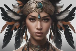 Photoreal unearthly gorgeous indigenous godlike mayan girl at an aztec coatal town adorned in clothes adorned with feathers that flutter with every step exuding beauty that blends seamlessly with the natural surroundings and hair cascading down her back like a waterfall of obsidian and eyes holding a spark of wild intelligence in a dense rainforest, otherworldly creature, in the style of fantasy movies, shot on Hasselblad h6d-400c, zeiss prime lens, bokeh like f/0.8, tilt-shift lens