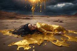 A hyper-realistic photo, beautiful woman lying on ground disintegrating into gold dripping ink and slime::1 ink dropping in water, molten lava, full body , 4 hyperrealism, intricate and ultra-realistic details, cinematic dramatic light, cinematic film,Otherworldly dramatic stormy sky and empty desert in the background 64K, hyperrealistic, vivid colors, , 4K ultra detail, , real photo, Realistic Elements, Captured In Infinite Ultra-High-Definition Image Quality And Rendering, Hyperrealism,