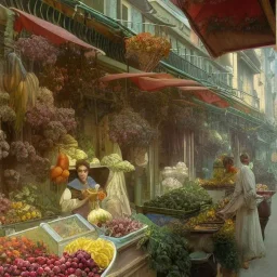 A greengrocer in colorful genoa street+Italian sea+alphonse mucha, greg rutkowski,matte painting, cryengine, hyper detailed, felix kelly, fantasy art, seb mckinnon