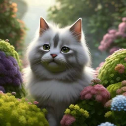 pixar style, volumetric summer garden environment and background, volumetric lighting, dramatic lighting, realistic painting of an cat, looking excited, detailed digital painting, extreme dense and fine fur, anime, ornate, colour-washed colors, elegant, small minutiae, tiny features, particulars, centered, smooth, sharp focus, renderman gofur render, 8k, uhd, detailed eyes, realistic shaded volumetric lighting, sunlight caustics, backlight, centered camera view